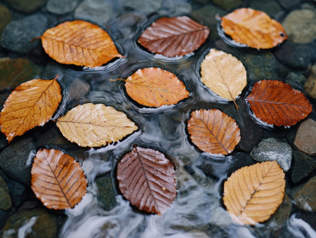 Autumn leaves float serenely on water among river stones.の素材