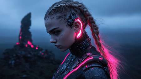 Cyberpunk woman with braided hair and neon implants.の素材