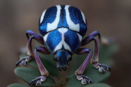 Vibrant blue and white weevil resting on green leaves.の素材