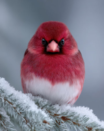 Adorable purple finch perched on a snow-covered branch.の素材