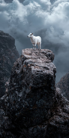Mountain goat stands atop a rocky peak in wilderness.の素材