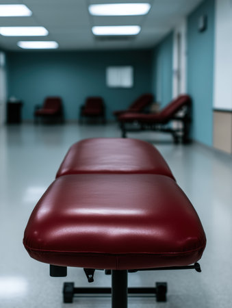 Maroon examination table in a medical clinic room.の素材