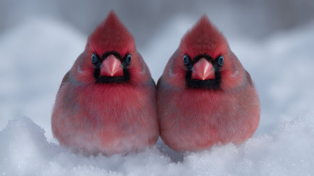 Pair of plump northern cardinals perched in winter snow.の素材