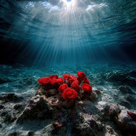 Vibrant red anemones thrive on the ocean floor.の素材