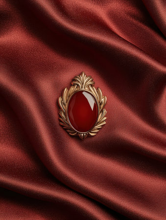 Elegant gold brooch with red gemstone on silk fabric.の素材