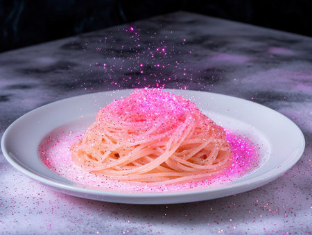 Whimsical spaghetti dish adorned with sparkling pink glitter.の素材