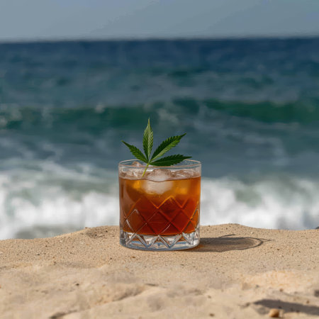 Refreshing cannabis cocktail on a sandy beach.の素材