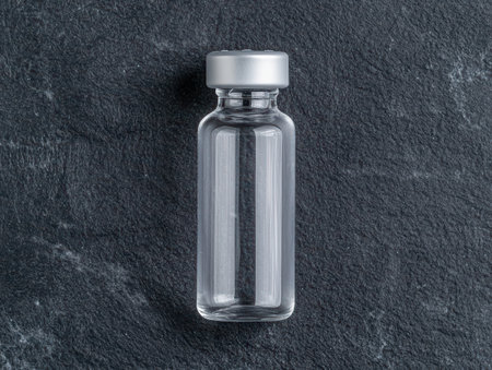 Empty glass medicine vial with silver cap on slate.の素材