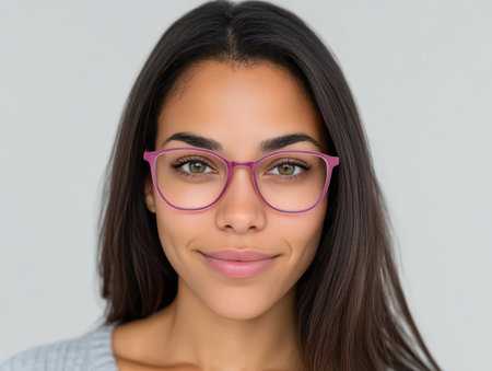 Smiling woman with glasses looking at the camera.の素材