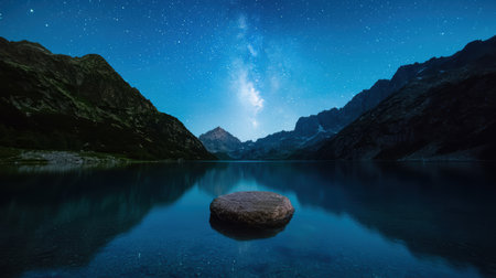 Majestic mountains reflected in a serene lake at night.の素材