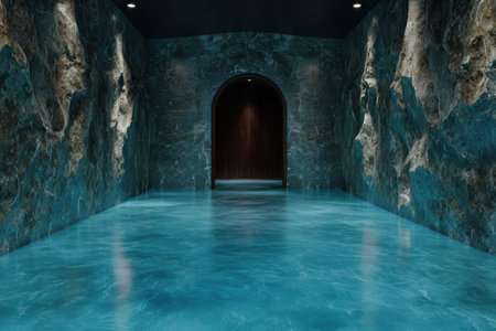 Mysterious cavernous hall with arched doorway and blue floor.の素材
