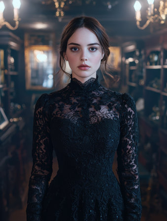 Elegant woman in black lace dress in vintage room.の素材