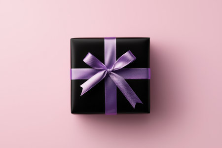 Elegant black gift box with purple ribbon on pink.の素材