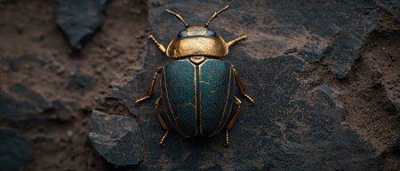 Ornate beetle with golden exoskeleton resting on dark rock.の素材