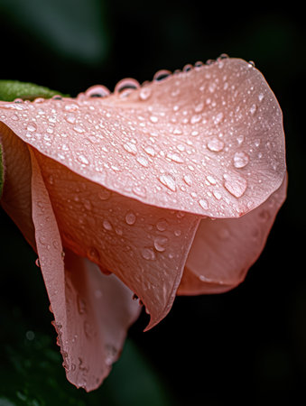 Delicate rose petal covered in refreshing water droplets.の素材