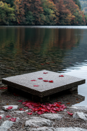 Autumn maple leaves adorn a stone platform by lake.の素材
