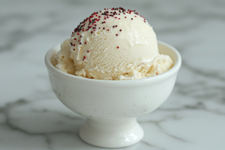 Delicious vanilla ice cream with sprinkles in a bowl.の素材