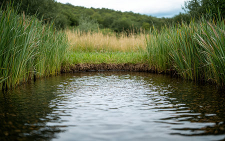 Idyllic pond surrounded by lush green reeds and grasses.の素材