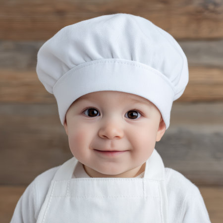 Adorable baby chef with toque and apron smiles sweetly.の素材