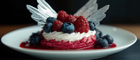 Elegant dessert featuring raspberries, blueberries, and cream.の素材
