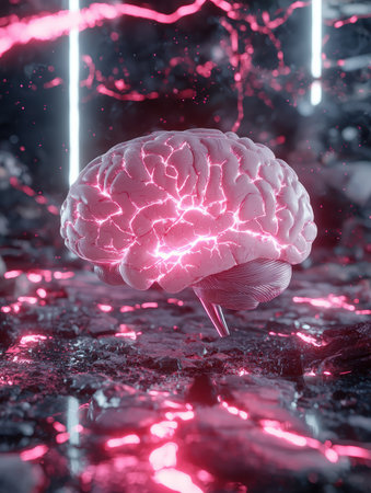 Glowing brain with neural activity on abstract background.の素材