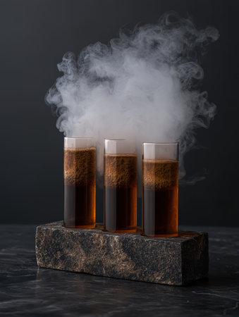 Refreshing brown cocktails with smoky vapor on stone.の素材