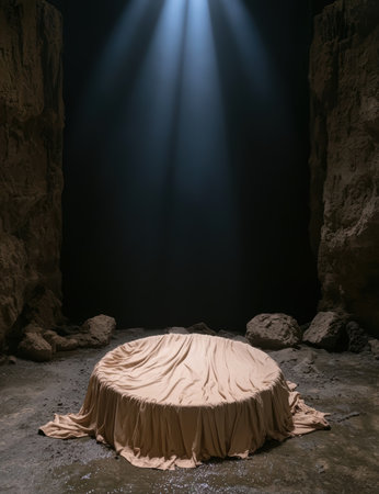 Mysterious draped table beneath a celestial spotlight in cave.の素材
