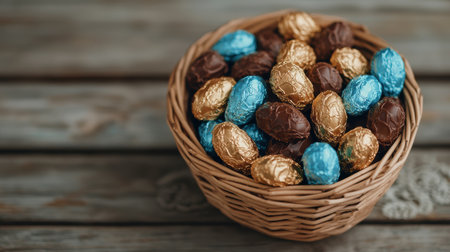 Festive easter basket filled with colorful chocolate eggs.の素材