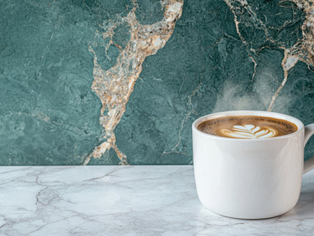 Steaming latte art in a white ceramic mug.の素材
