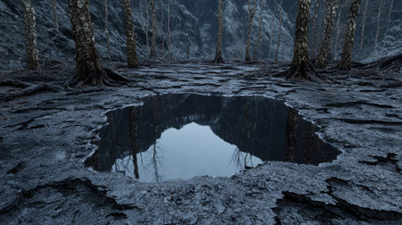 Eerie forest landscape with a reflective pool.の素材