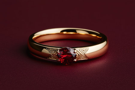 Elegant gold ring with red gemstone on maroon surface.の素材
