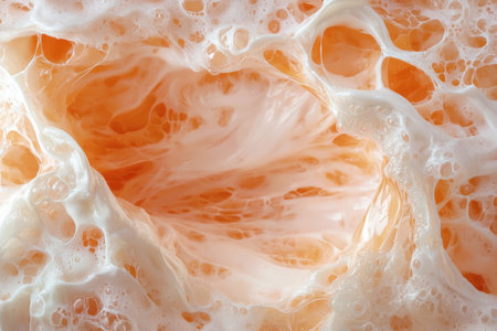 Abstract orange and white liquid with bubbly texture.の素材