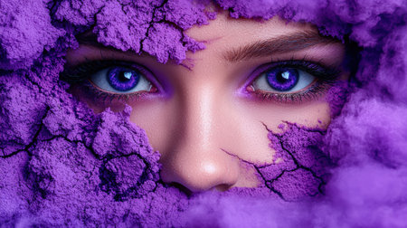 Striking purple eyes emerge from vibrant powder cloud.の素材