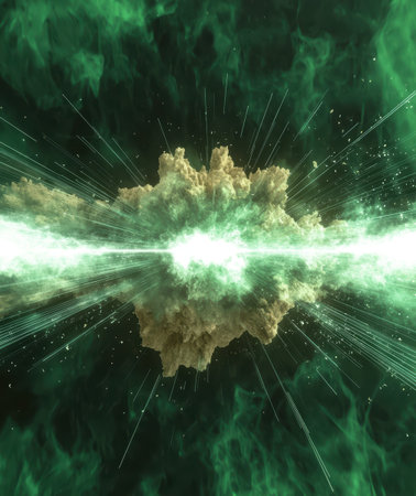 Abstract cosmic explosion with green energy and light.の素材