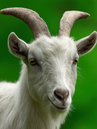 White goat portrait with curved horns on green background.の素材