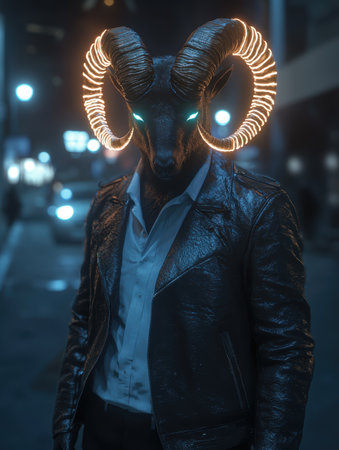 Ram-headed humanoid with glowing horns in a city.の素材