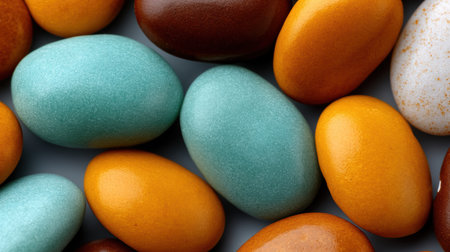 Colorful speckled candy coated chocolate easter eggs assortment.の素材