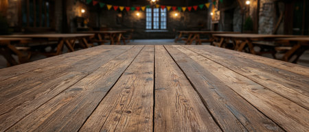 Rustic wooden table surface at an outdoor restaurant.の素材