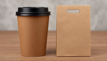Coffee cup and brown paper bag on wood table.の素材