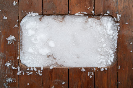 Delicate ice crystals form on rustic wooden surface.の素材