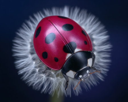 Striking ladybug resting on a fluffy dandelion seedhead.の素材