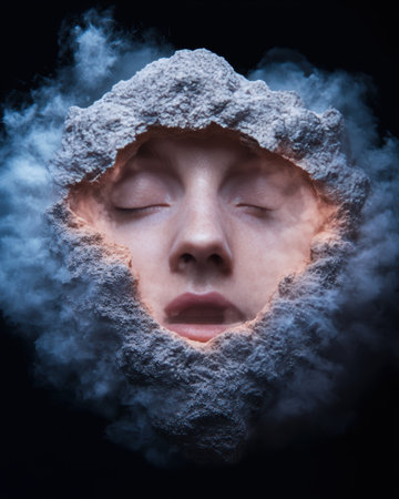 Surreal portrait of a face emerging from stone.の素材