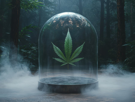 Cannabis leaf preserved under glass in misty forest.の素材