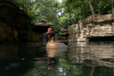 Vibrant wood duck swimming in tranquil, reflective pond.の素材