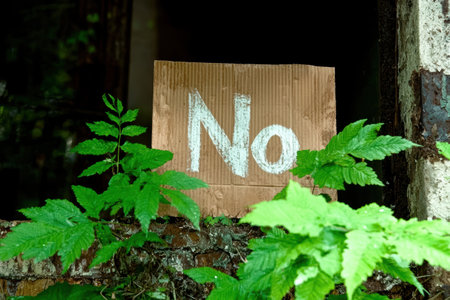 Weathered cardboard sign with the word "No" among foliage.の素材