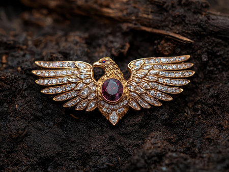 Elegant gold eagle brooch with ruby and diamonds.の素材