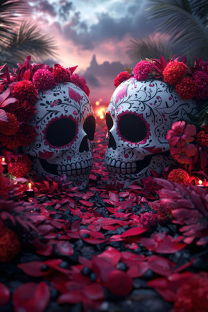 Day of the Dead skulls with vibrant floral decorations.の素材