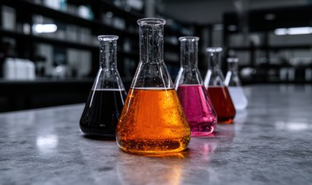 Colorful liquids in laboratory glassware on a table.の素材