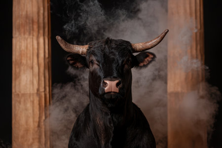 Majestic black bull with imposing horns in smoky setting.の素材