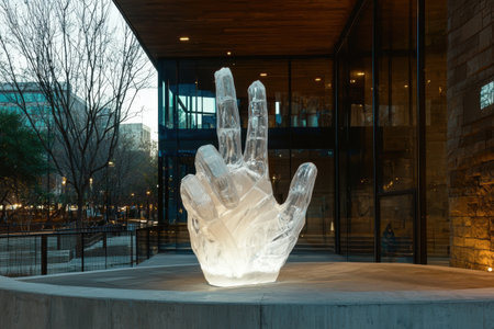 Illuminated crystal hand sculpture in urban architecture setting.の素材
